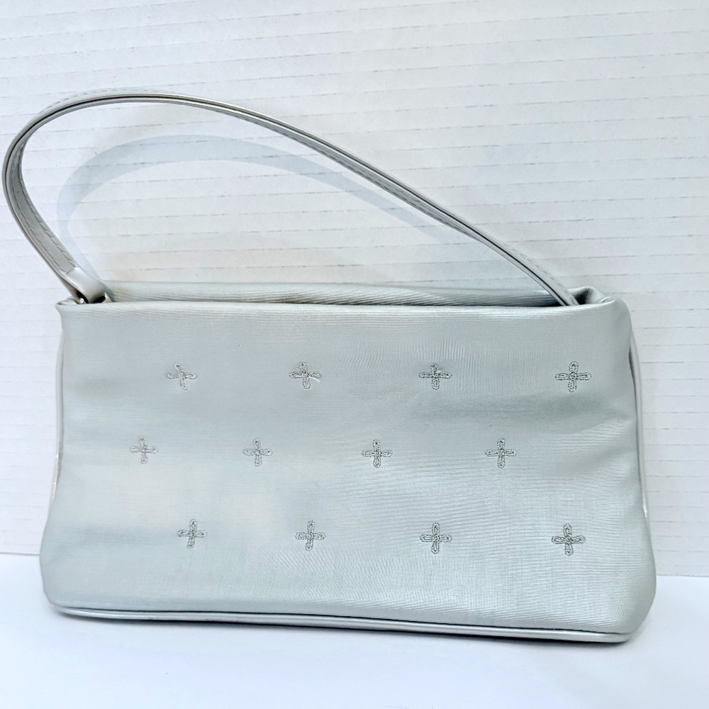 Y2K Silver Rhinestone Mini Bag | Cross Detail Shoulder Purse Wristlet Style